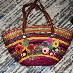 Colorful Woven Tote Bag with Floral Design